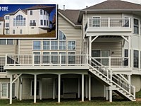<b>2 Level Deck with Trex Select Saddle Decking with White Washington Railing and Black Aluminum Balusters - Fascia and Support Posts and Beams are wrapped in White Vinyl in Bowie M</b>